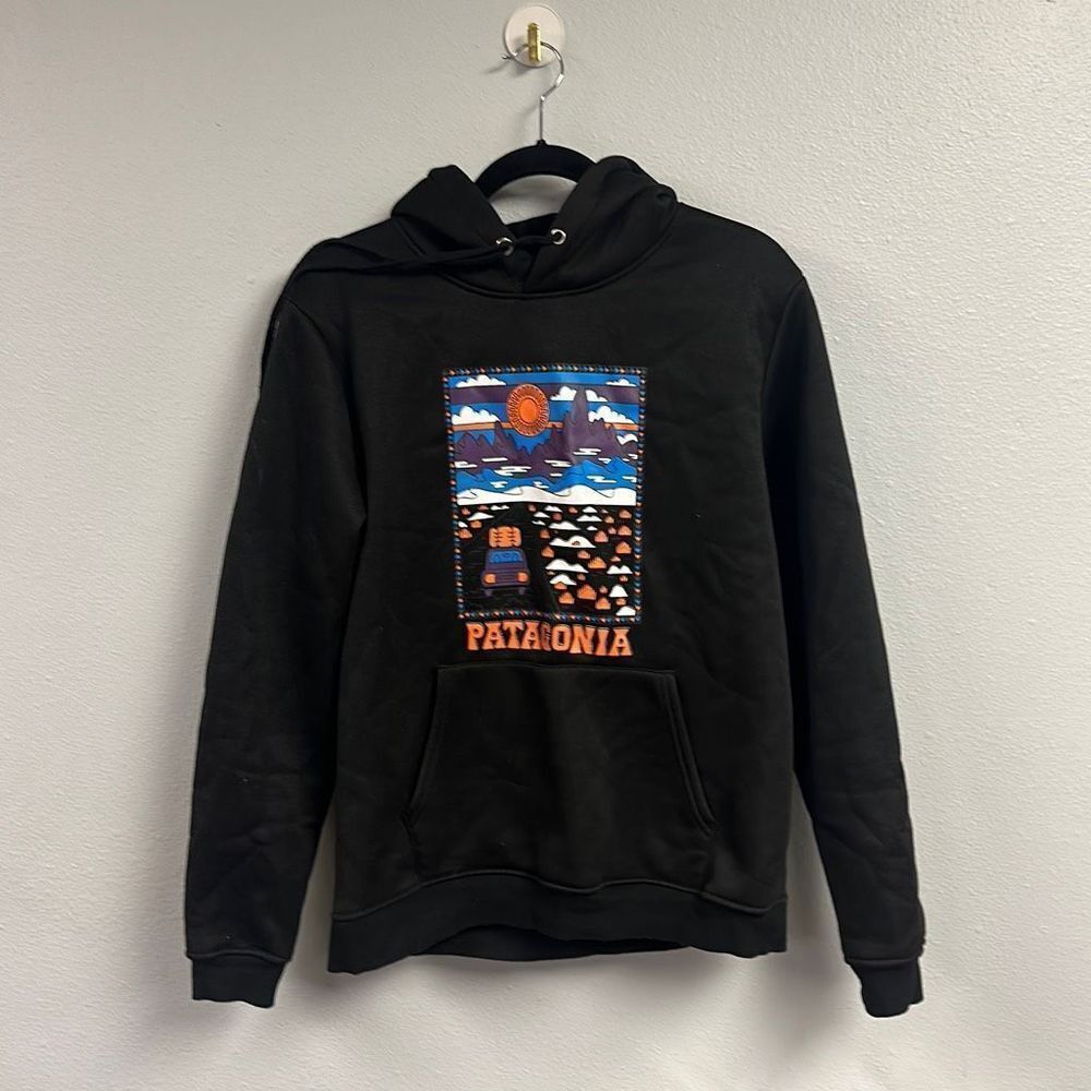 Patagonia Black Hoodie with Multicolor Chest Graphic